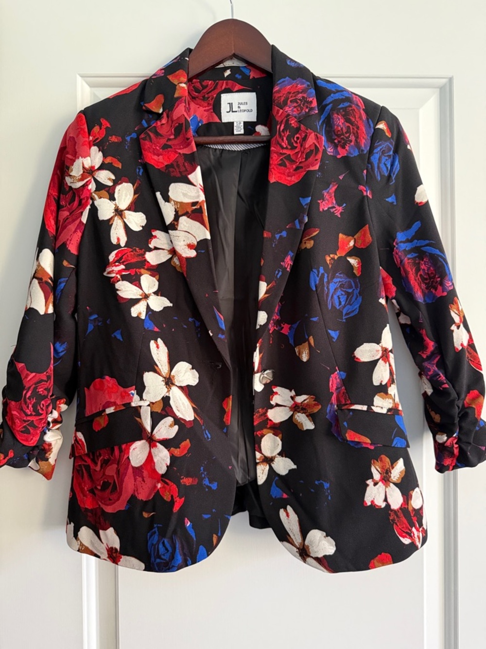 Jules & Leopold Black Floral Blazer with Red, Blue & White Blooms